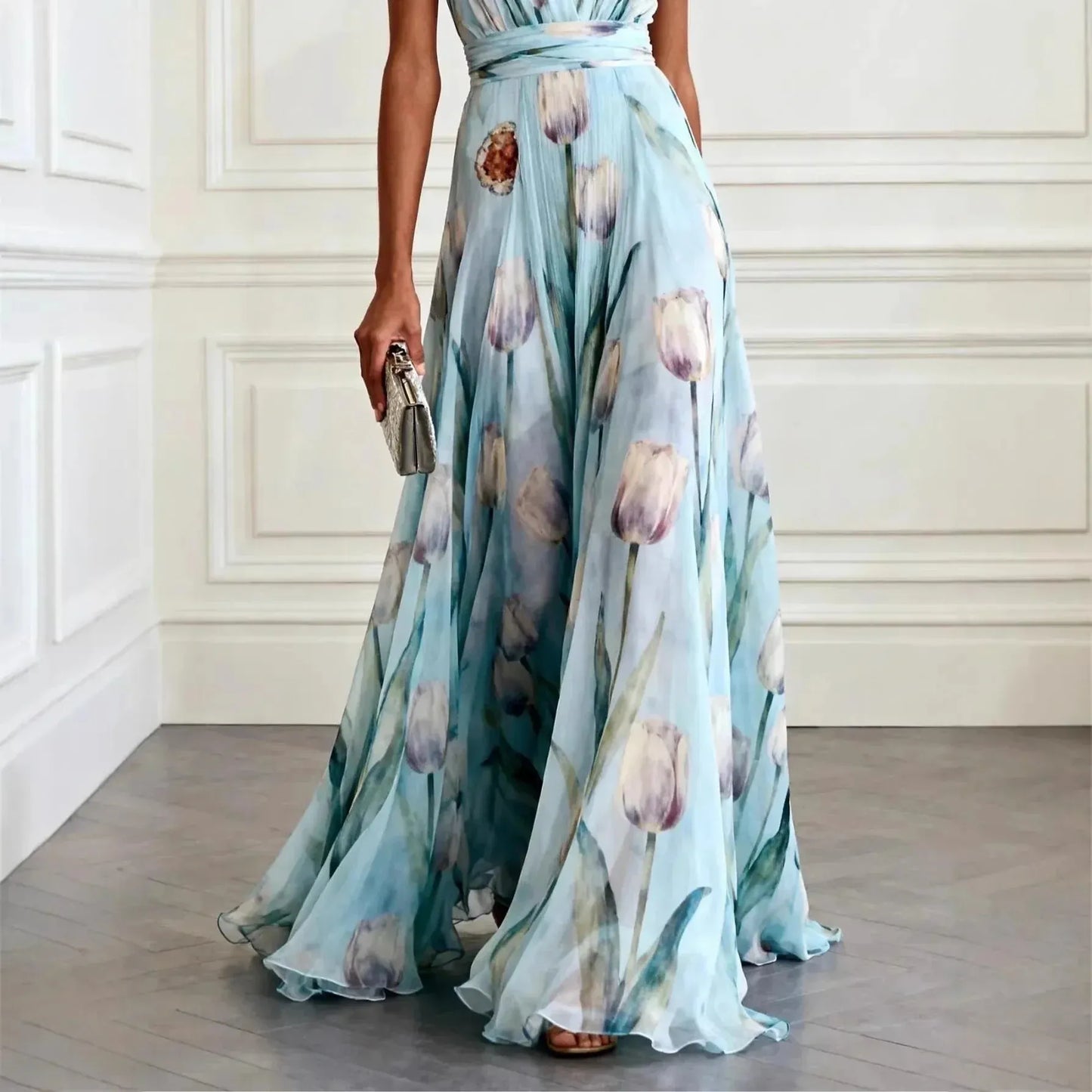 Vestido de Invitada de Boda Largo Elegante de Flores con Cuello Halter
