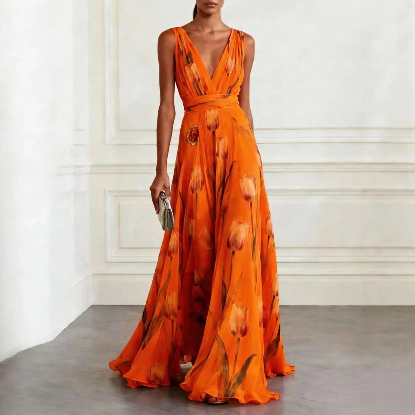 Vestido de Invitada de Boda Largo Elegante de Flores con Cuello Halter