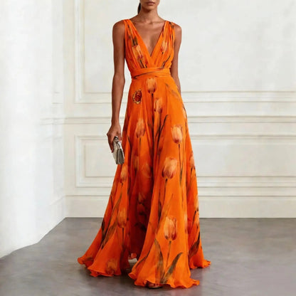 Vestido de Invitada de Boda Largo Elegante de Flores con Cuello Halter