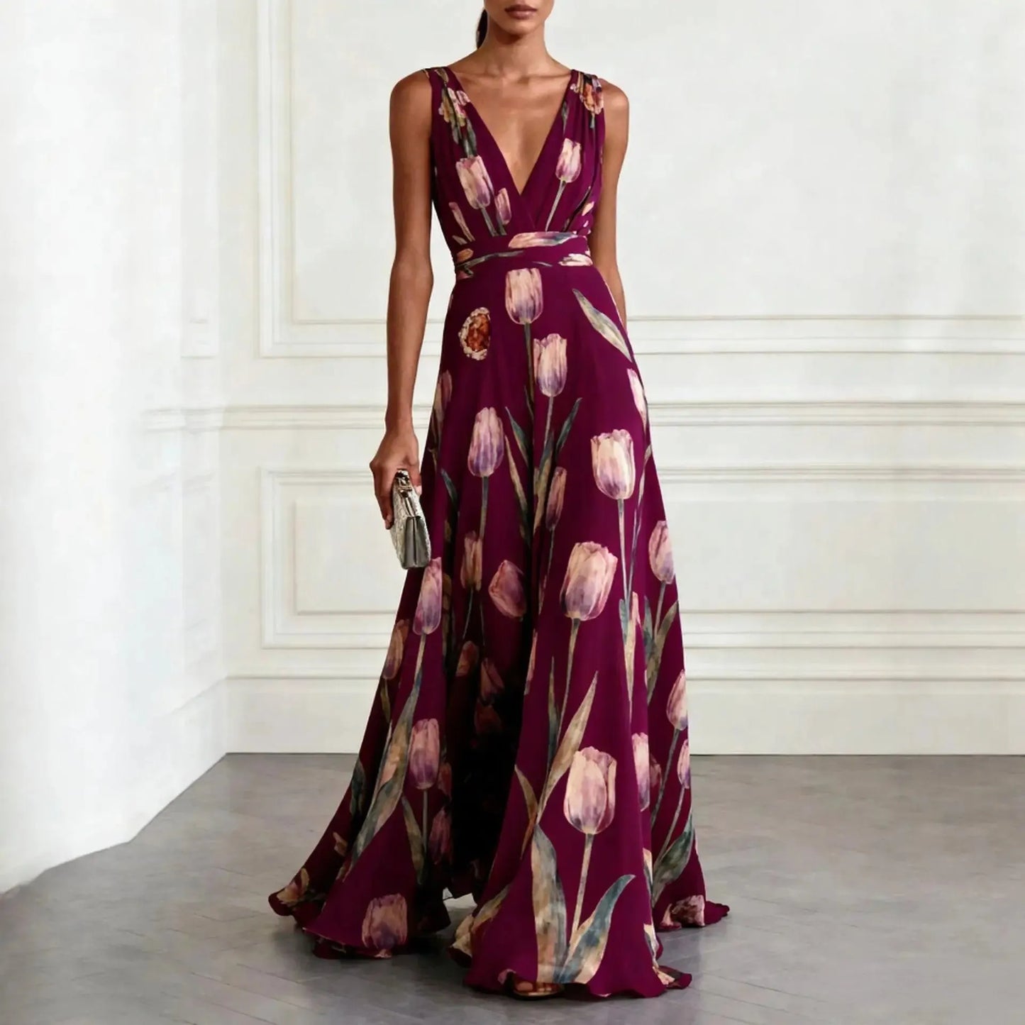 Vestido de Invitada de Boda Largo Elegante de Flores con Cuello Halter