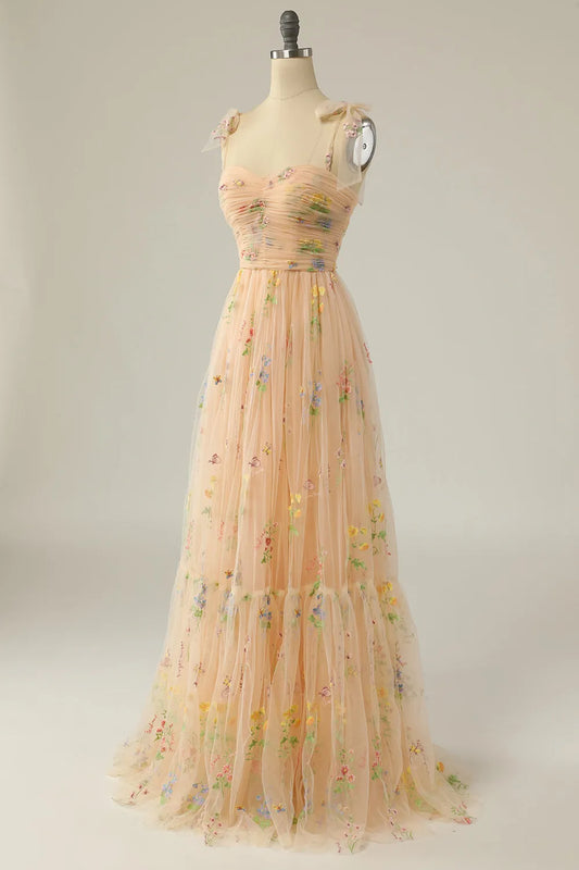 Vestido de Invitada de Boda Largo Elegante de Flores con Fruncido