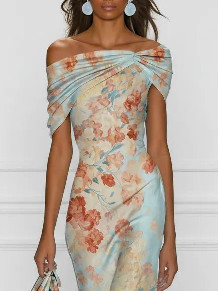 Vestido de Invitada de Boda Largo Elegante de Flores con Hombros Descubiertos