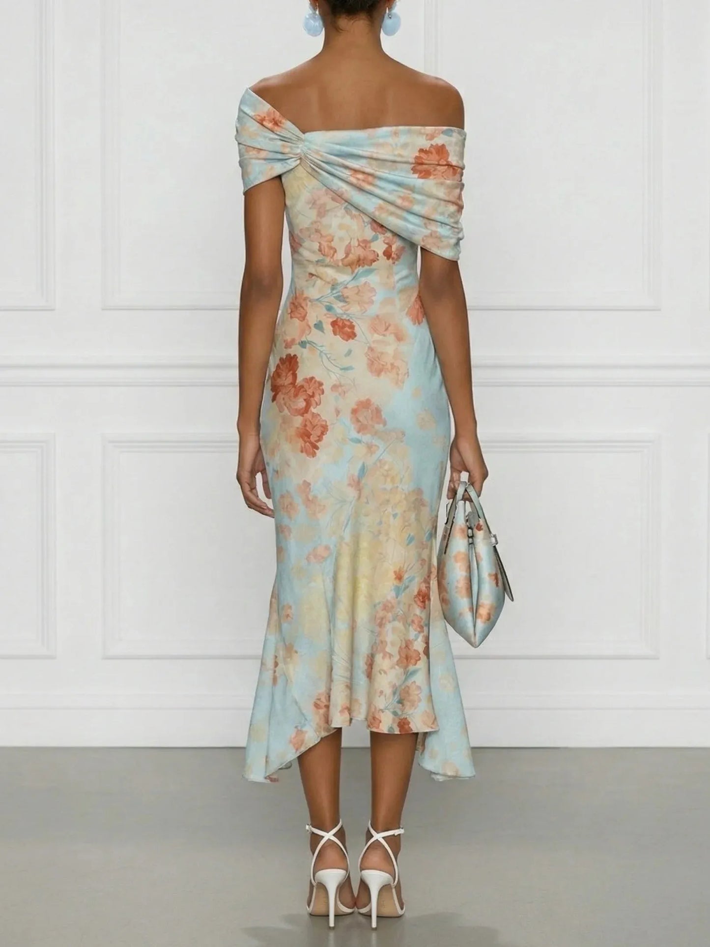 Vestido de Invitada de Boda Largo Elegante de Flores con Hombros Descubiertos