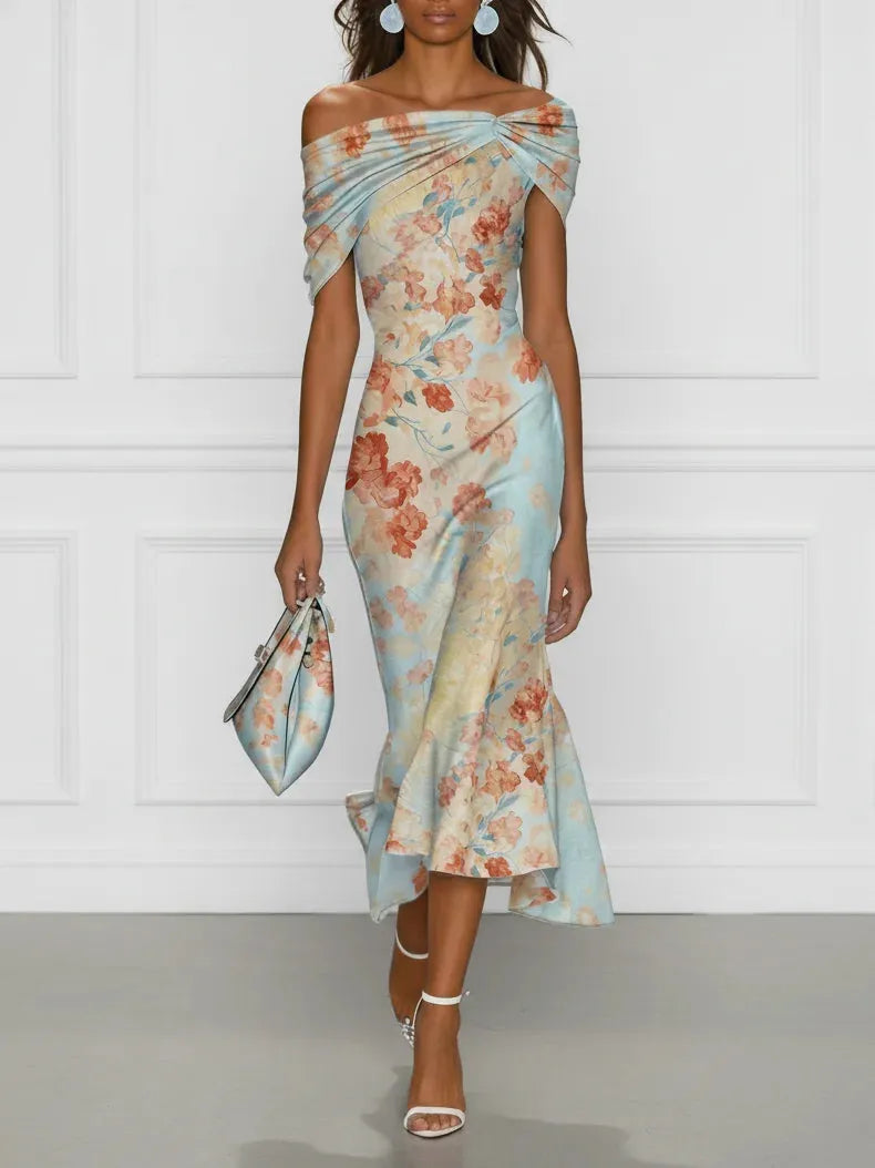 Vestido de Invitada de Boda Largo Elegante de Flores con Hombros Descubiertos
