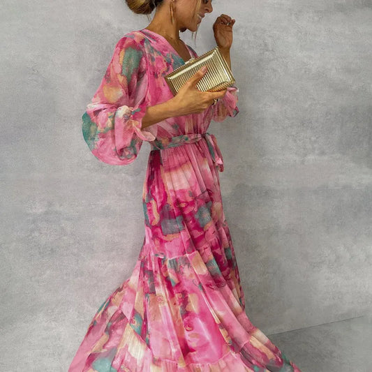 Vestido de Invitada de Boda Largo Elegante de Flores con Manga Larga
