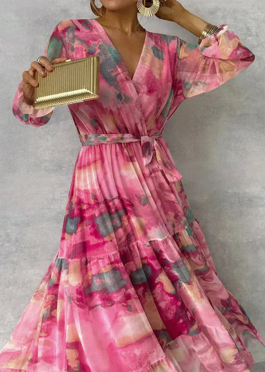 Vestido de Invitada de Boda Largo Elegante de Flores con Manga Larga