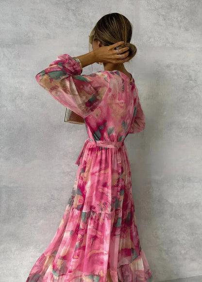 Vestido de Invitada de Boda Largo Elegante de Flores con Manga Larga