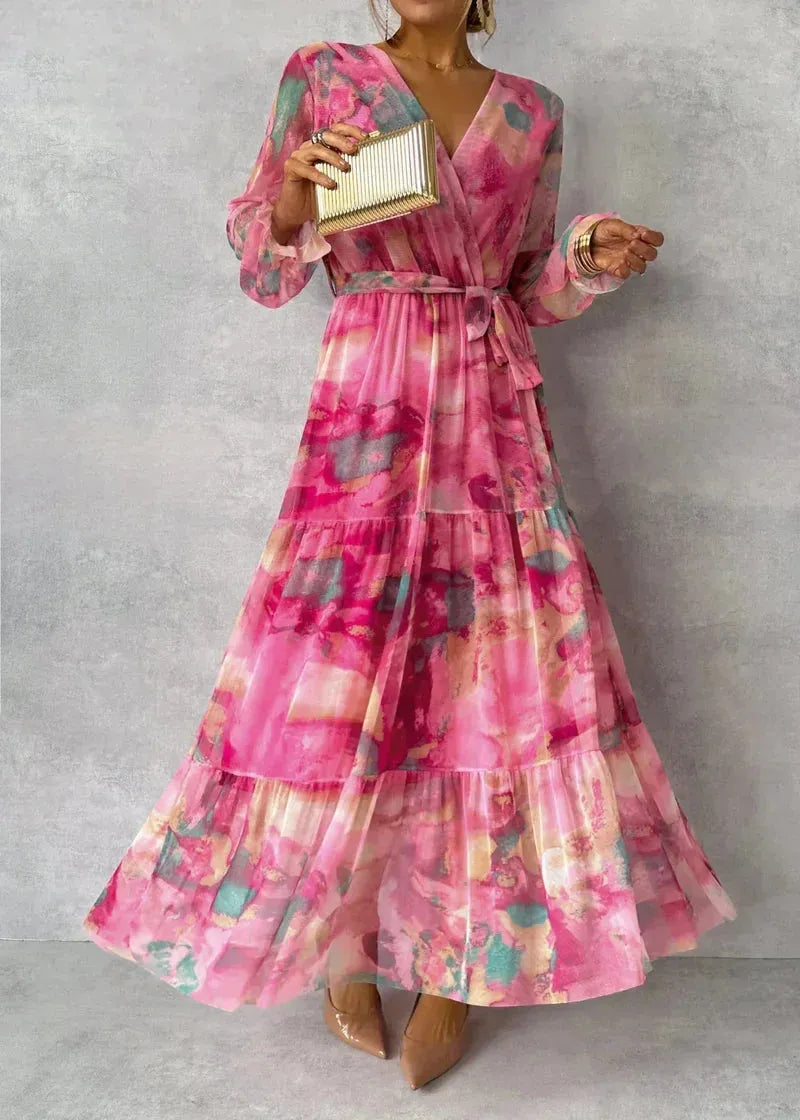Vestido de Invitada de Boda Largo Elegante de Flores con Manga Larga