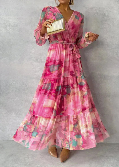 Vestido de Invitada de Boda Largo Elegante de Flores con Manga Larga