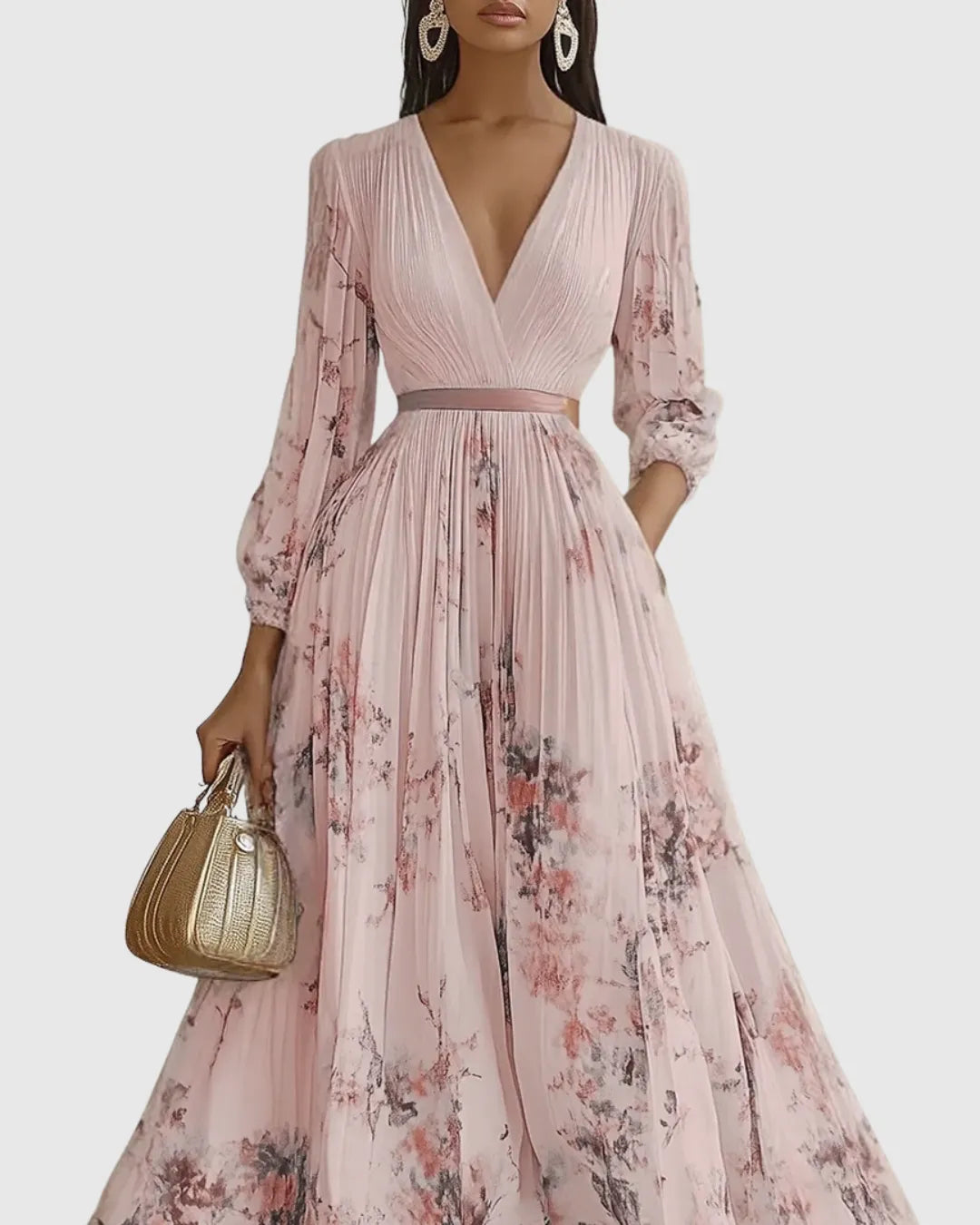 Vestido de Invitada de Boda Largo Elegante de Flores con Plisado