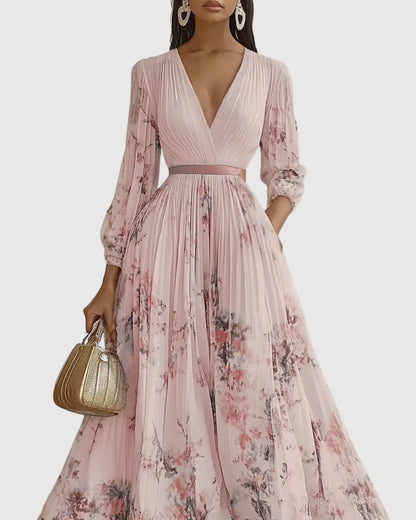 Vestido de Invitada de Boda Largo Elegante de Flores con Plisado
