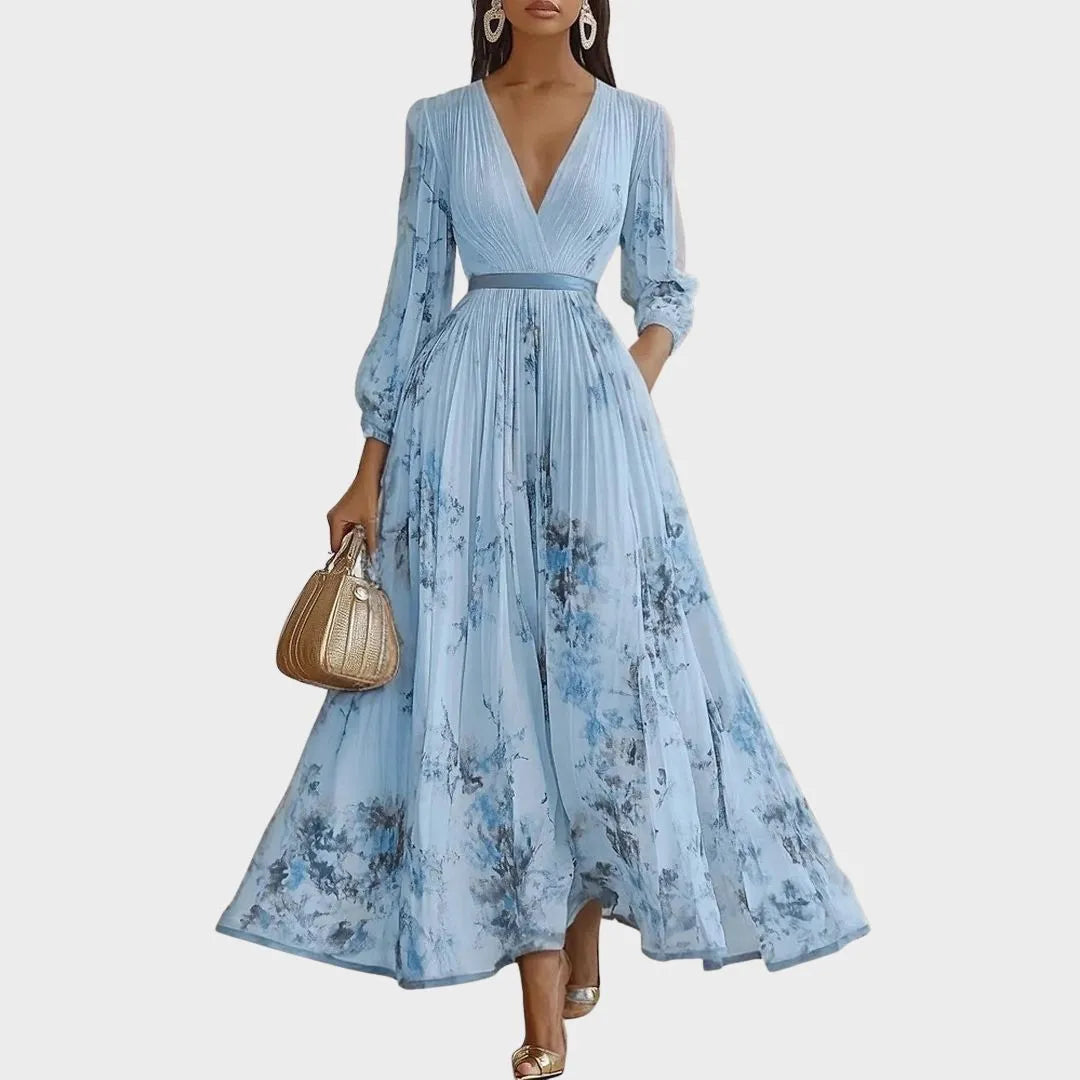 Vestido de Invitada de Boda Largo Elegante de Flores con Plisado