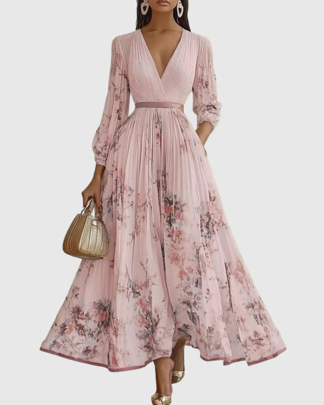 Vestido de Invitada de Boda Largo Elegante de Flores con Plisado