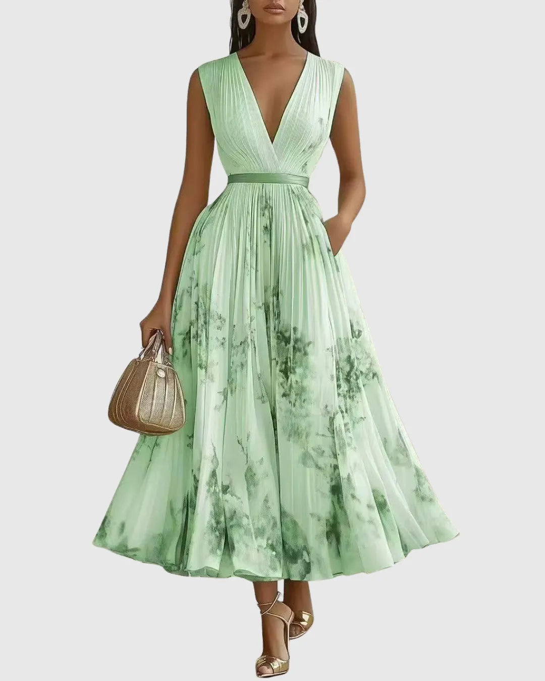 Vestido de Invitada de Boda Largo Elegante de Flores con Plisado