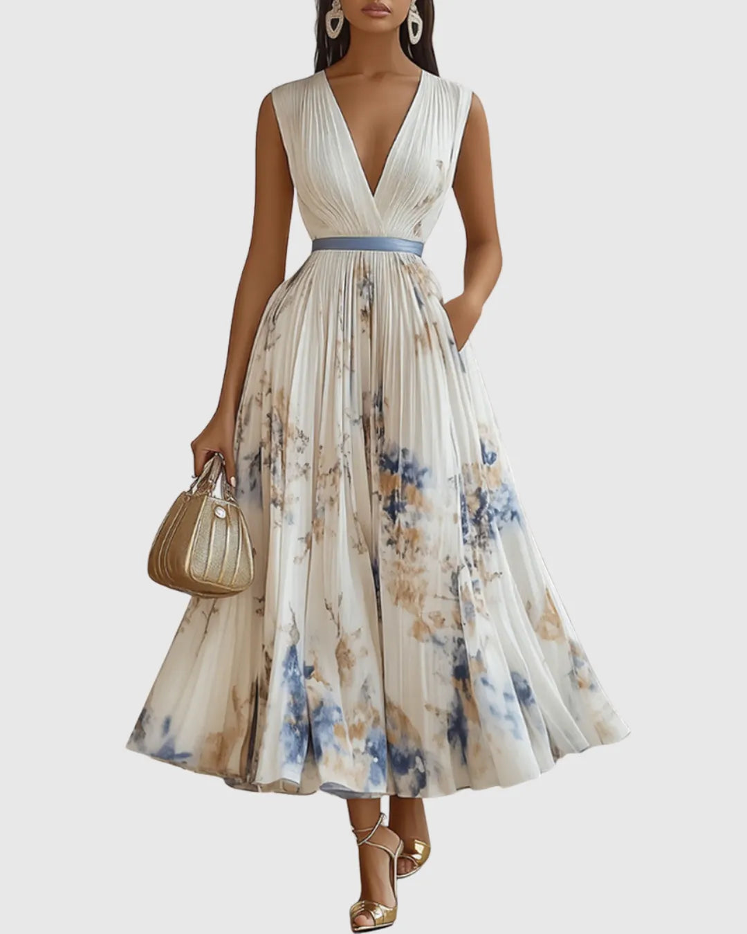 Vestido de Invitada de Boda Largo Elegante de Flores con Plisado