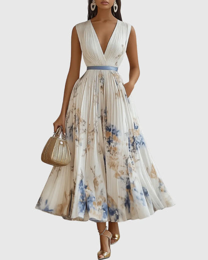 Vestido de Invitada de Boda Largo Elegante de Flores con Plisado