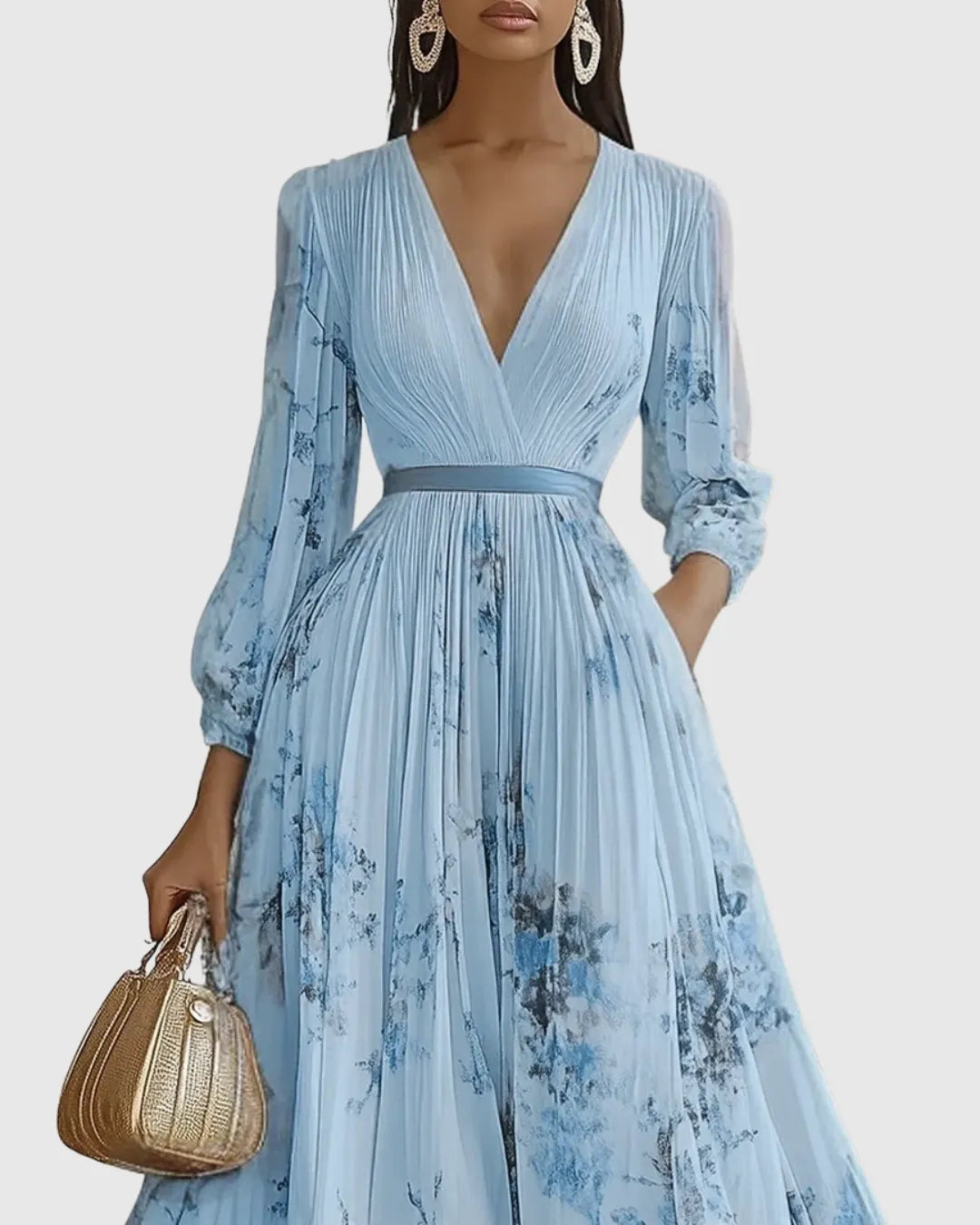 Vestido de Invitada de Boda Largo Elegante de Flores con Plisado