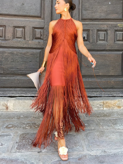 Vestido de Invitada de Boda Largo Elegante de Verano con Flecos
