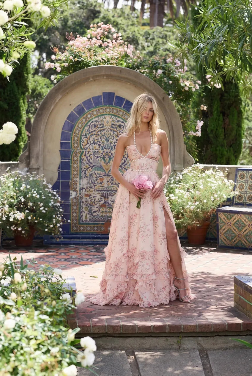 Vestido de Invitada de Boda Largo Estampado Boho con Cuello Halter