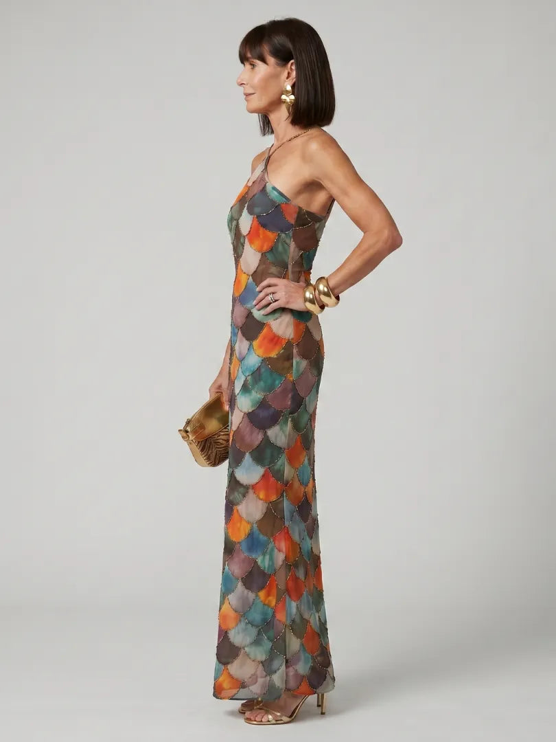 Vestido de Invitada de Boda Largo Estampado Elegante con Cuello Halter
