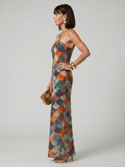 Vestido de Invitada de Boda Largo Estampado Elegante con Cuello Halter