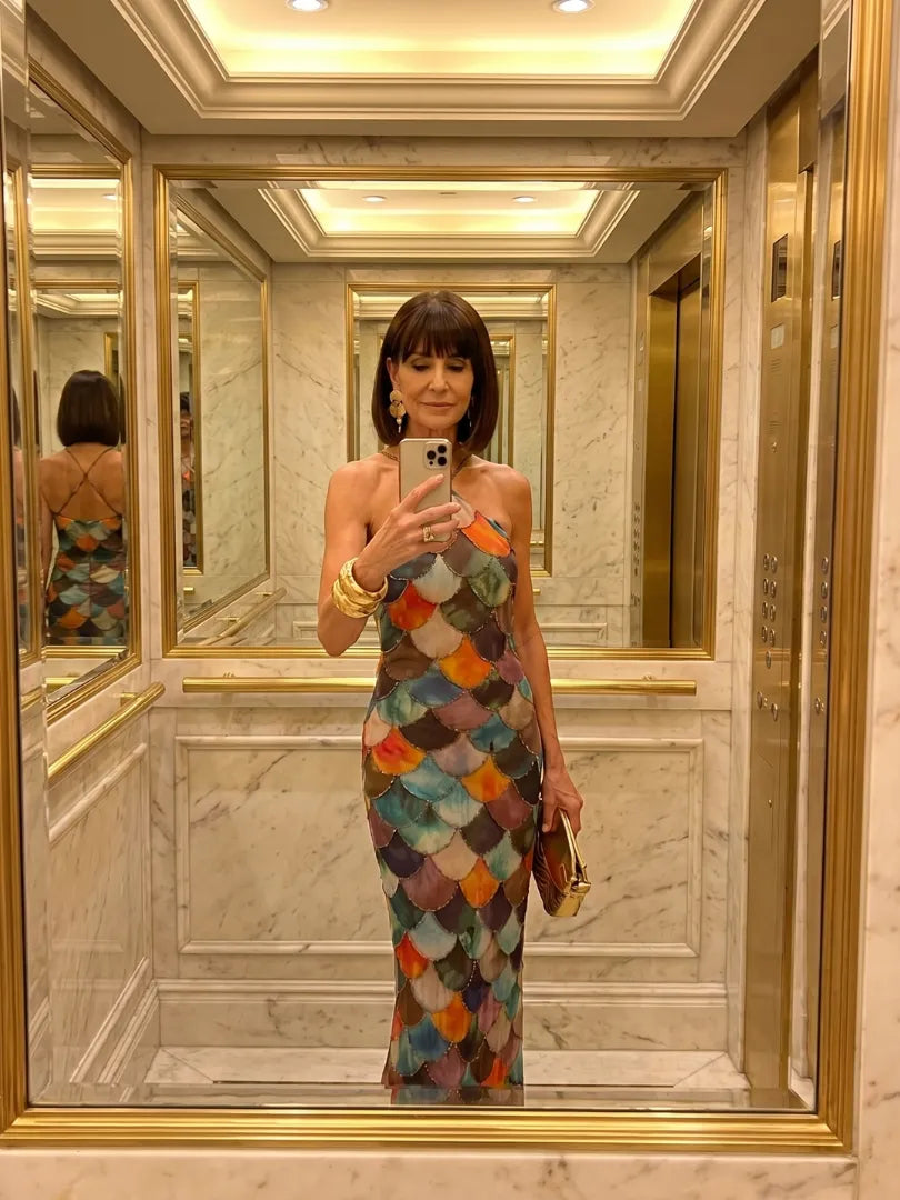 Vestido de Invitada de Boda Largo Estampado Elegante con Cuello Halter