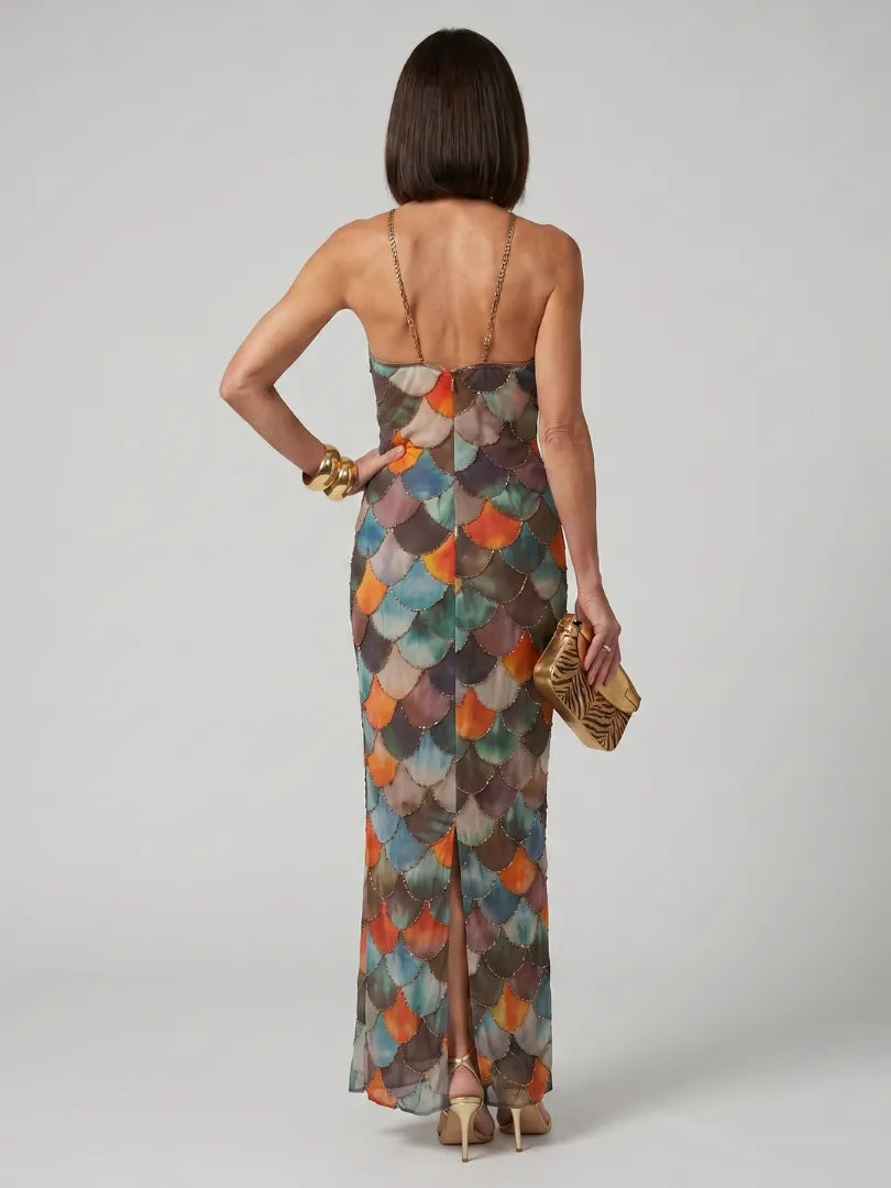 Vestido de Invitada de Boda Largo Estampado Elegante con Cuello Halter