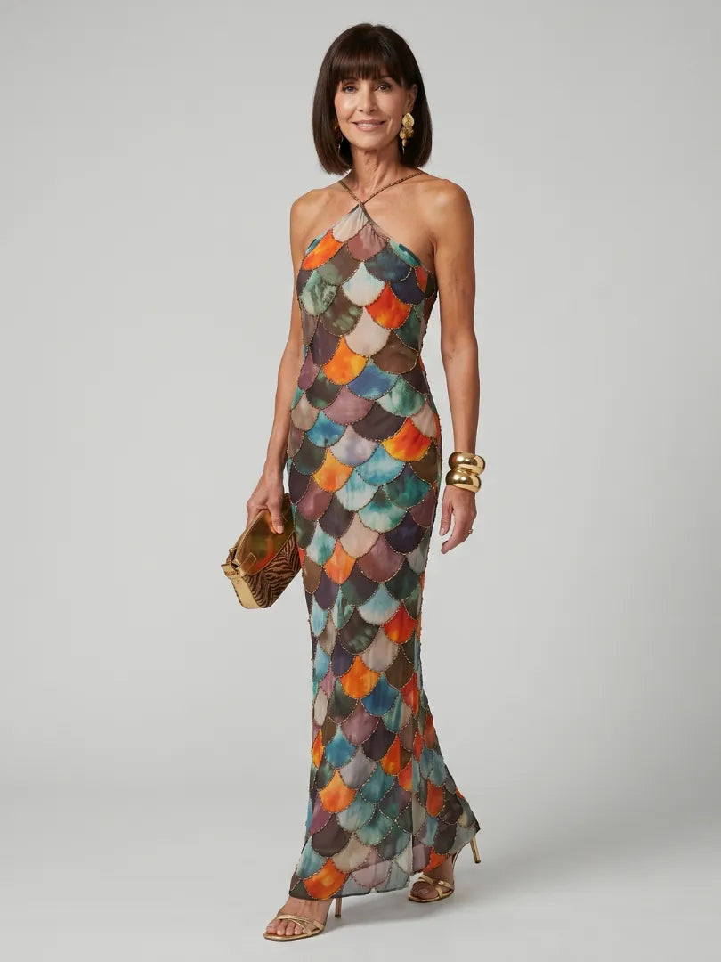 Vestido de Invitada de Boda Largo Estampado Elegante con Cuello Halter