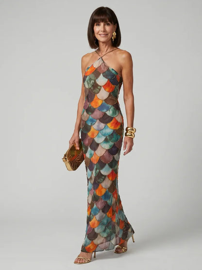 Vestido de Invitada de Boda Largo Estampado Elegante con Cuello Halter