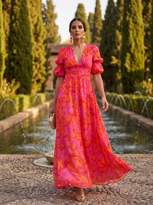 Vestido de Invitada de Boda Largo Estampado Elegante con Manga Abullonada
