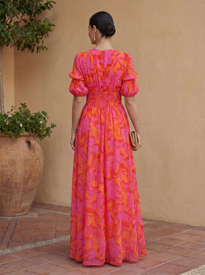 Vestido de Invitada de Boda Largo Estampado Elegante con Manga Abullonada