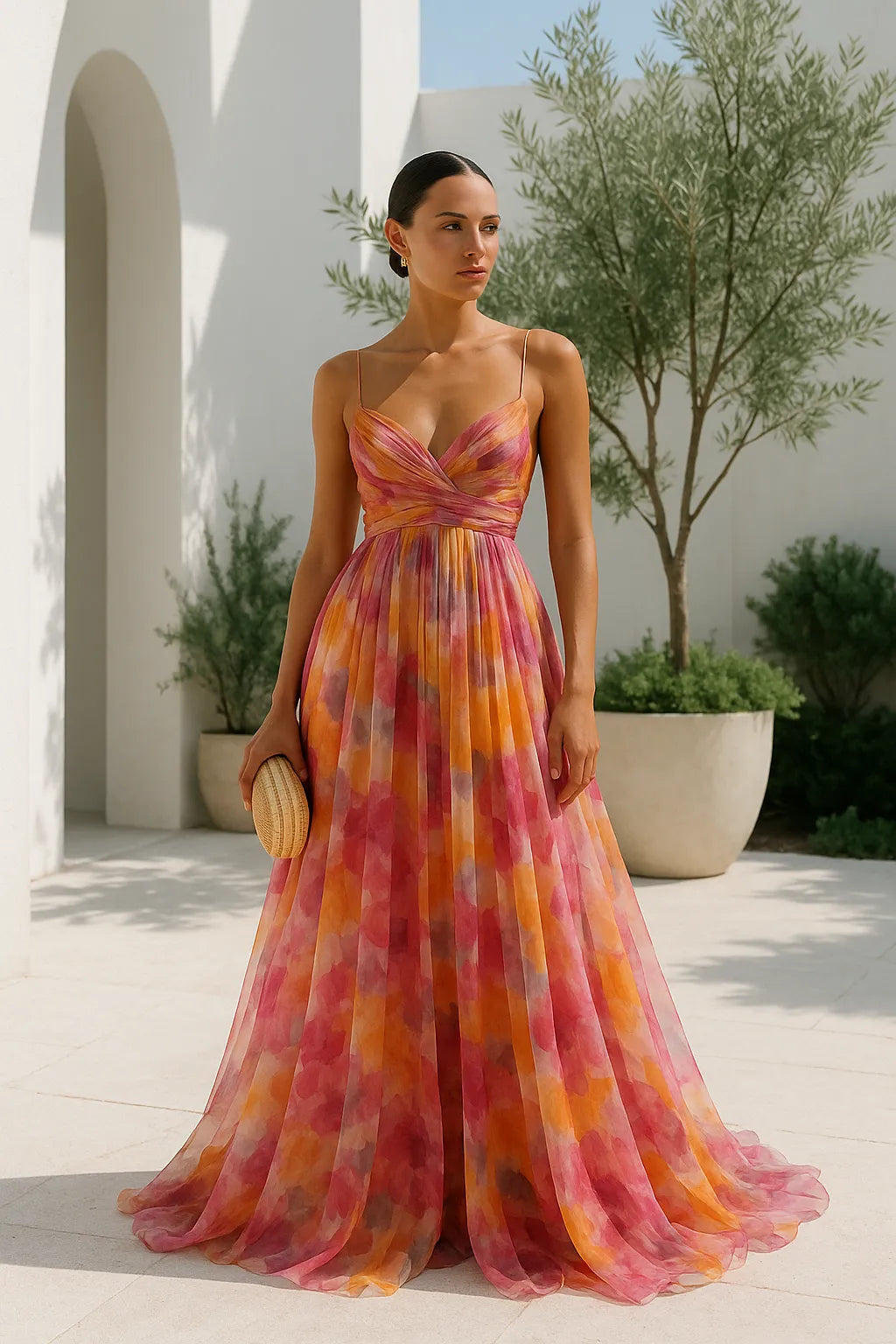 Vestido de Invitada de Boda Largo Estampado Elegante con Tirantes