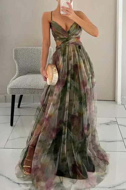 Vestido de Invitada de Boda Largo Estampado Elegante con Tirantes