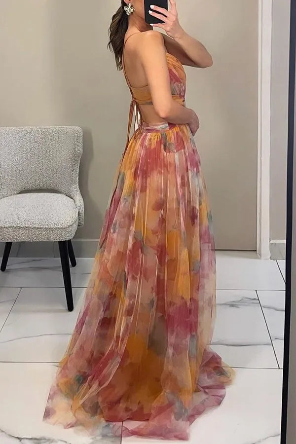 Vestido de Invitada de Boda Largo Estampado Elegante con Tirantes
