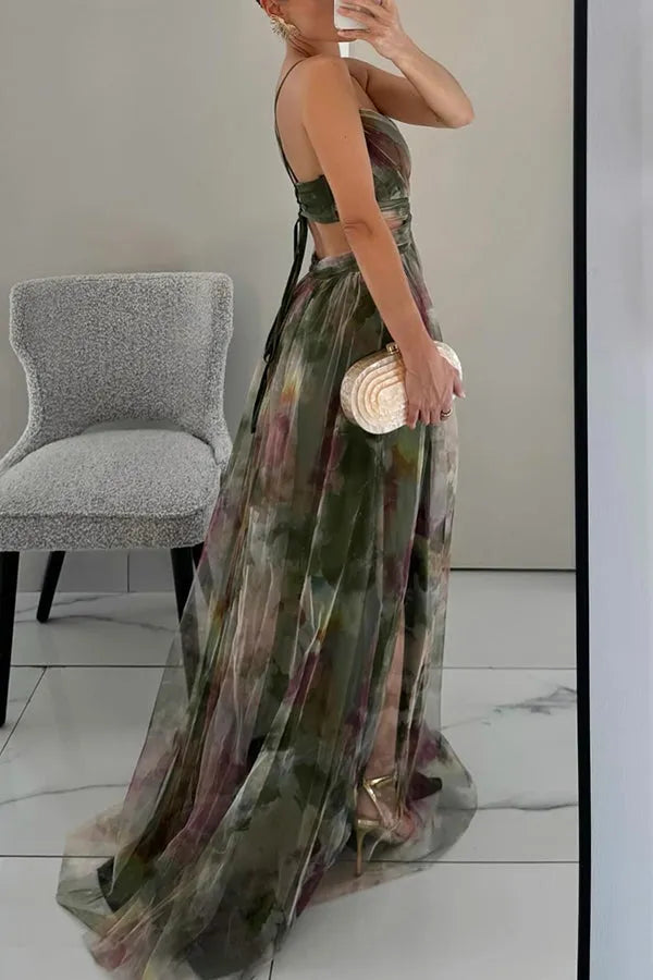 Vestido de Invitada de Boda Largo Estampado Elegante con Tirantes