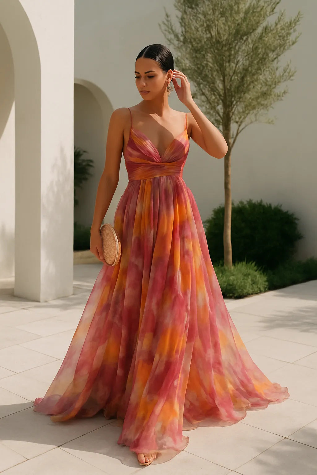 Vestido de Invitada de Boda Largo Estampado Elegante con Tirantes
