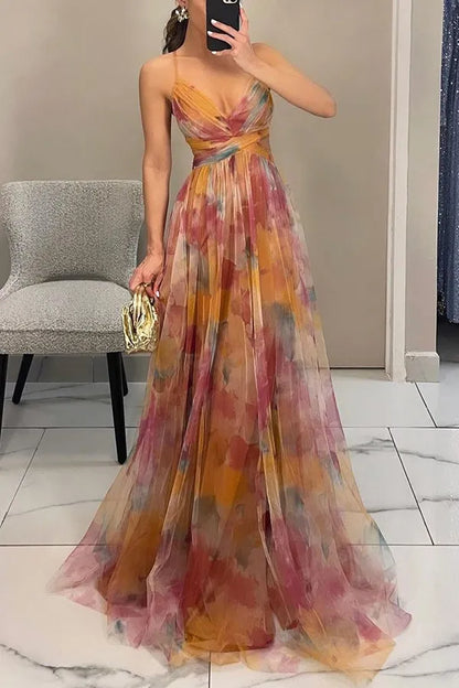 Vestido de Invitada de Boda Largo Estampado Elegante con Tirantes