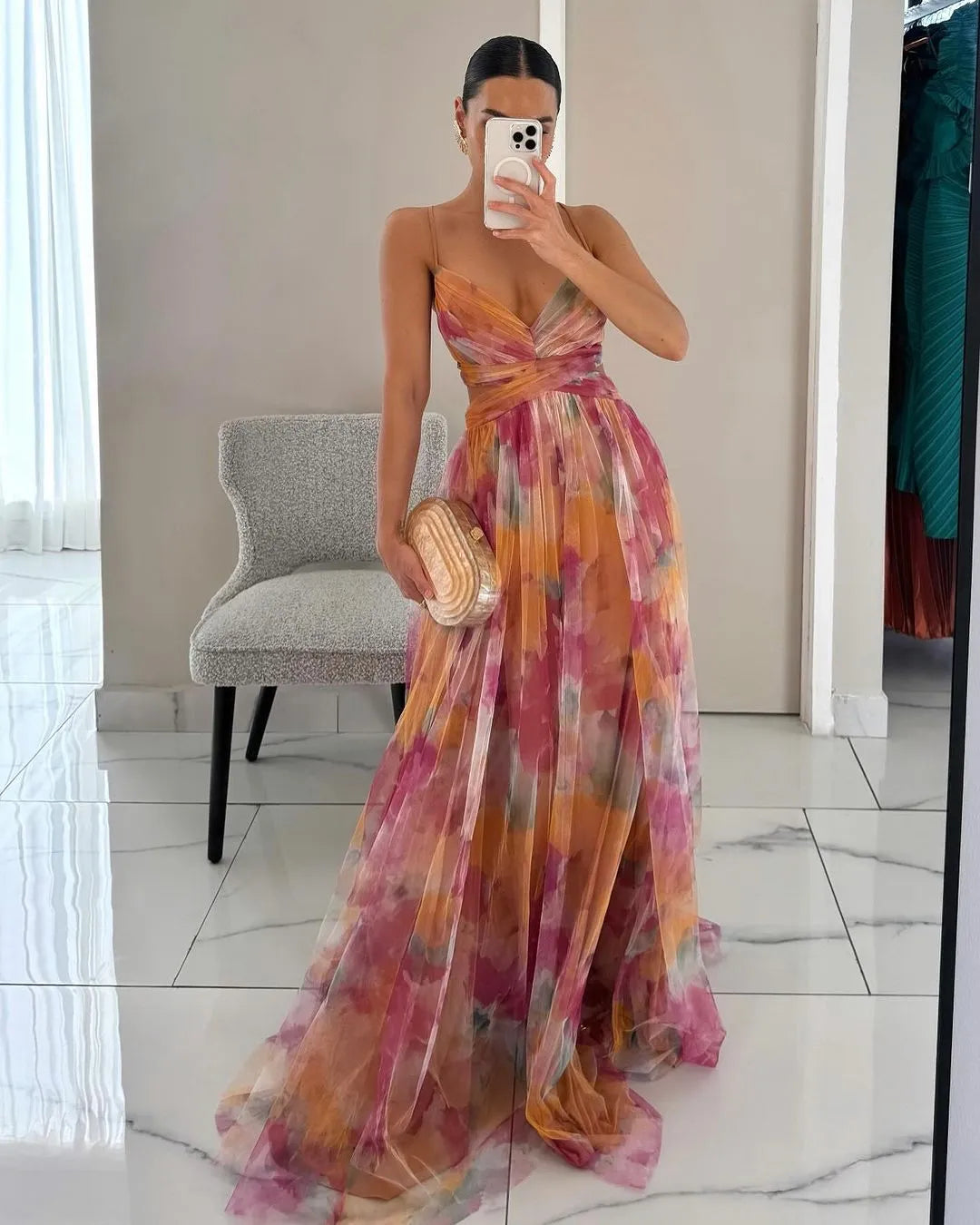 Vestido de Invitada de Boda Largo Estampado Elegante con Tirantes