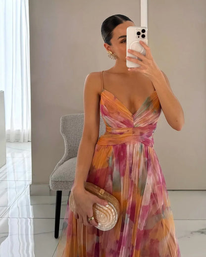 Vestido de Invitada de Boda Largo Estampado Elegante con Tirantes