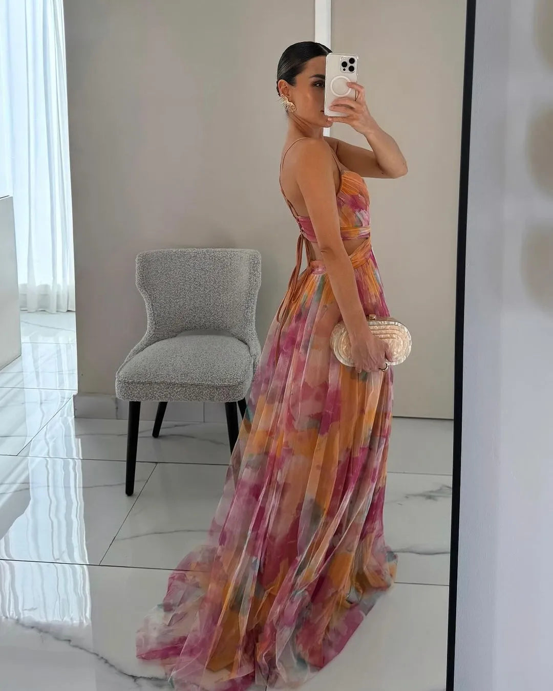 Vestido de Invitada de Boda Largo Estampado Elegante con Tirantes