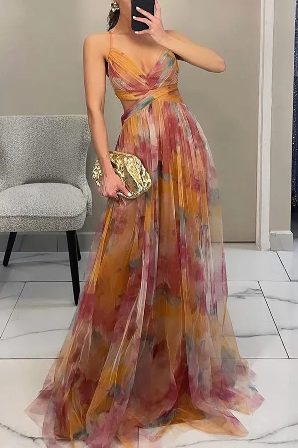 Vestido de Invitada de Boda Largo Estampado Elegante con Tirantes