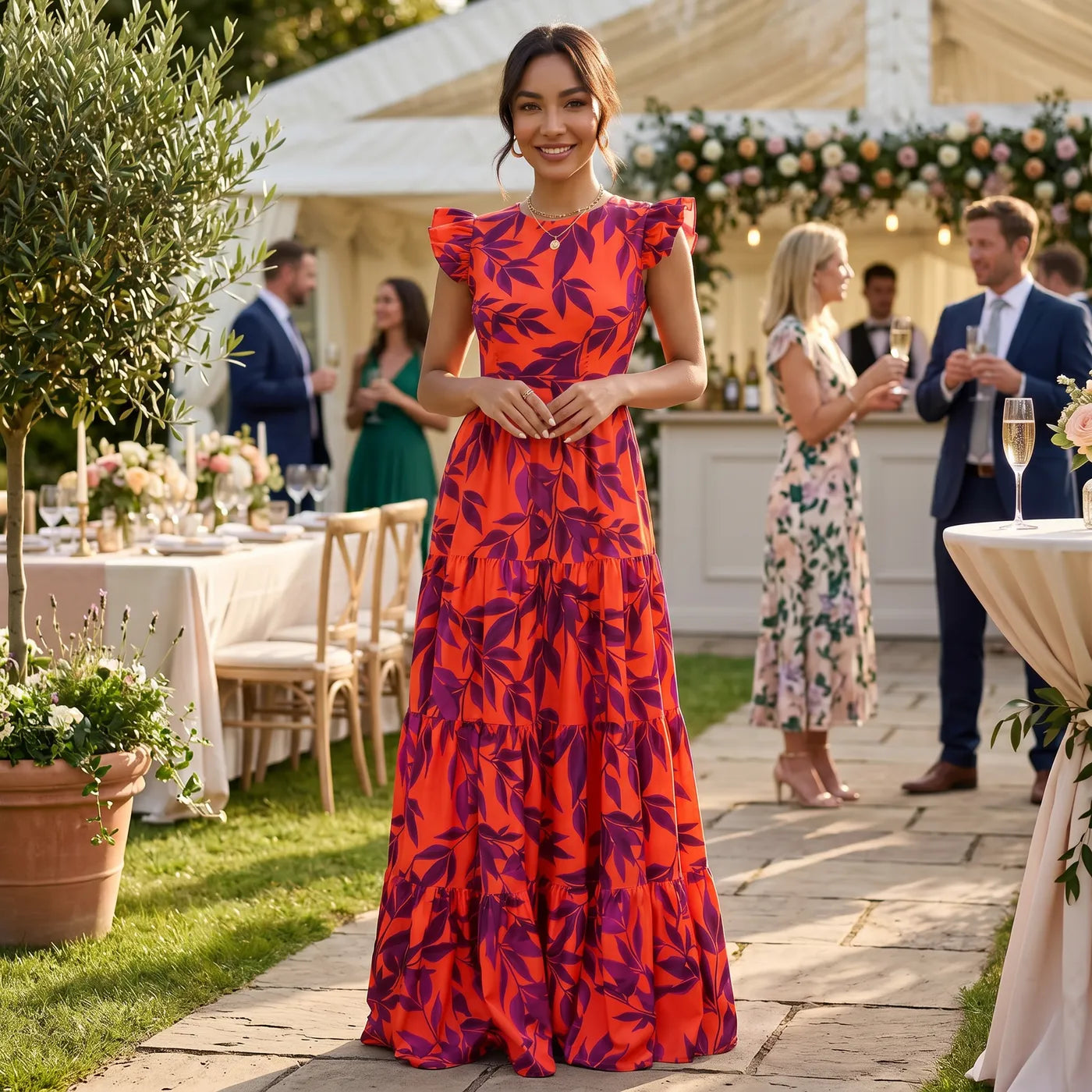 Vestido de Invitada de Boda Largo Estampado Elegante con Volantes