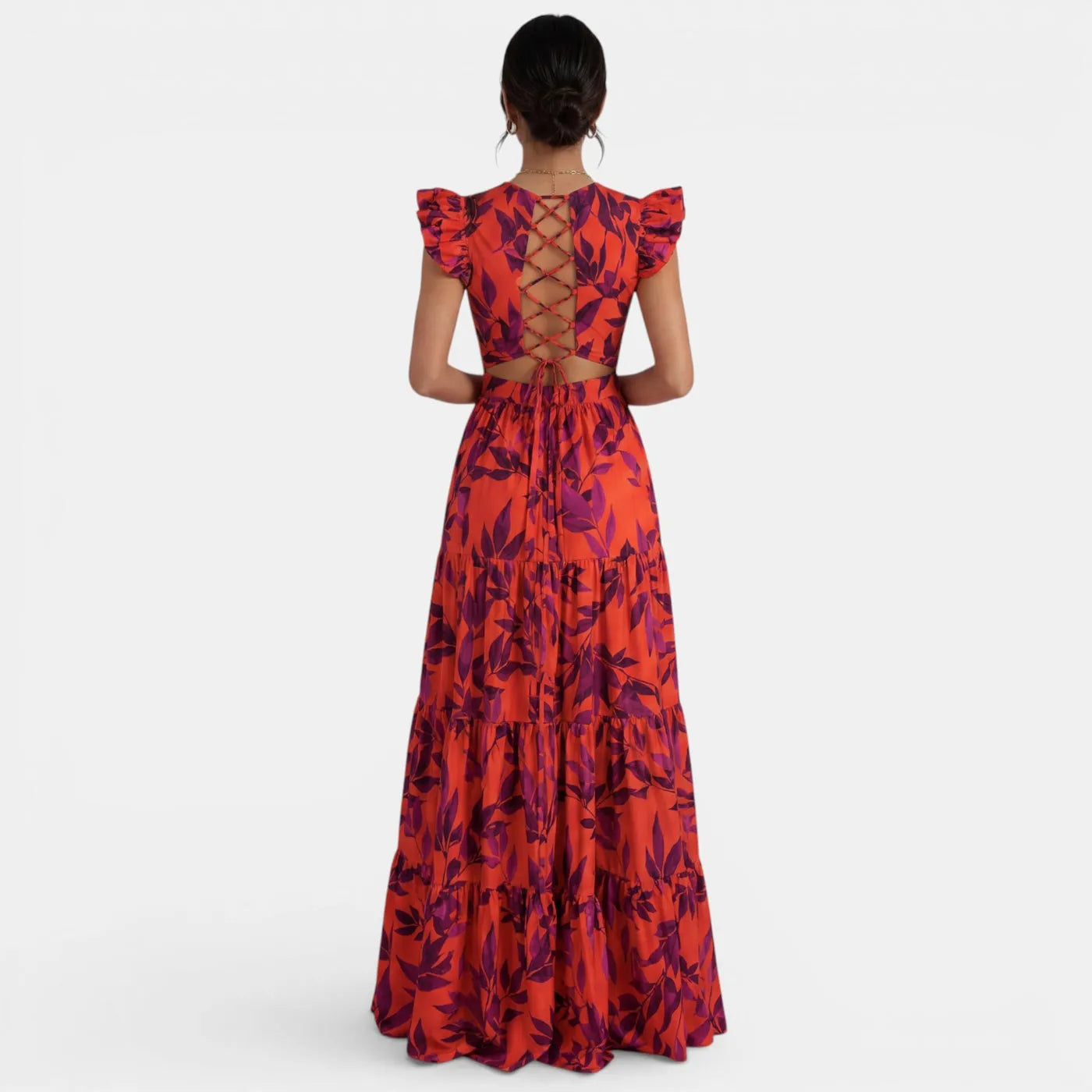 Vestido de Invitada de Boda Largo Estampado Elegante con Volantes