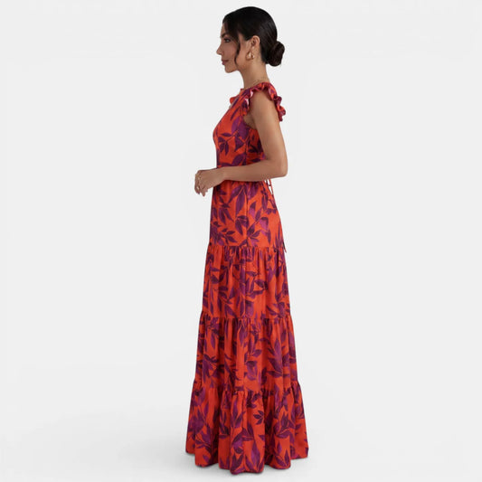 Vestido de Invitada de Boda Largo Estampado Elegante con Volantes