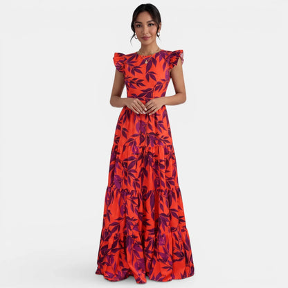 Vestido de Invitada de Boda Largo Estampado Elegante con Volantes