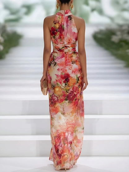 Vestido de Invitada de Boda Largo Estampado Floral con Cuello Halter