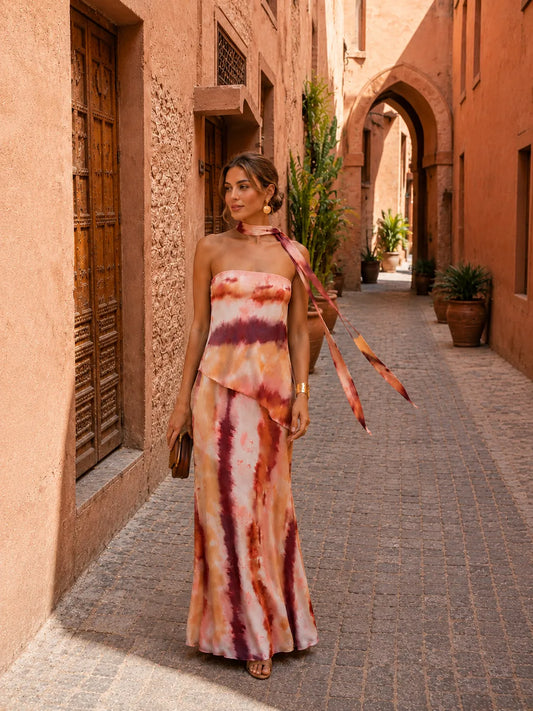 Vestido de Invitada de Boda Largo Estampado Palabra de Honor con Bufanda