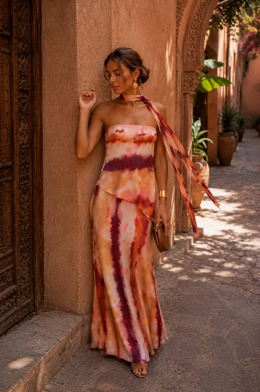 Vestido de Invitada de Boda Largo Estampado Palabra de Honor con Bufanda