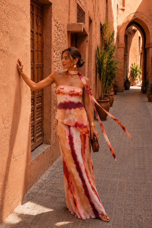 Vestido de Invitada de Boda Largo Estampado Palabra de Honor con Bufanda