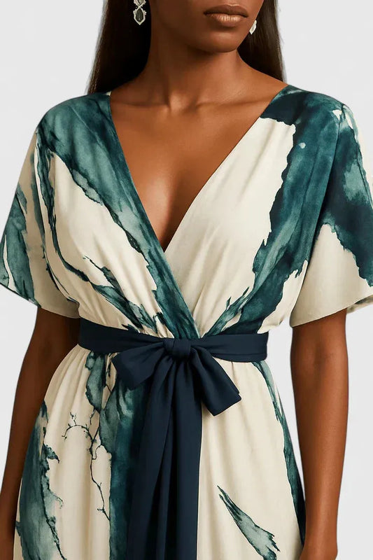 Vestido de Invitada de Boda Largo Estampado Verano con Manga Corta